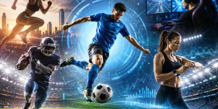 Futuristic sports scene featuring soccer, American football, running, esports, wearable technology, AI analytics, and a smart stadium representing the top sports trends to watch