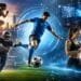 Futuristic sports scene featuring soccer, American football, running, esports, wearable technology, AI analytics, and a smart stadium representing the top sports trends to watch
