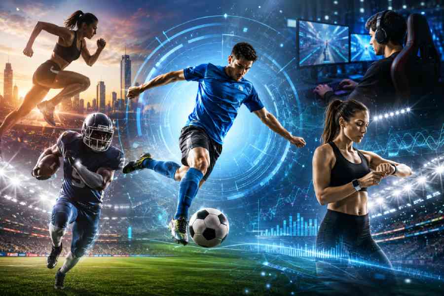 Futuristic sports scene featuring soccer, American football, running, esports, wearable technology, AI analytics, and a smart stadium representing the top sports trends to watch