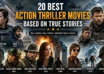 Cinematic collage featuring military missions, survival adventures, espionage, and real-life action thriller movie scenes inspired by true stories.