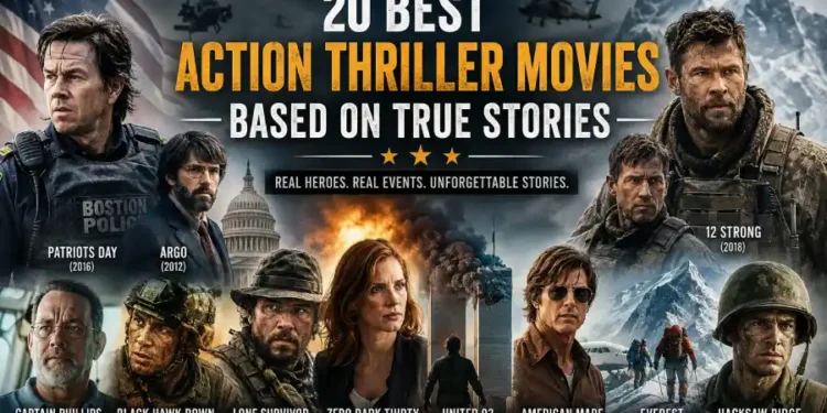 Cinematic collage featuring military missions, survival adventures, espionage, and real-life action thriller movie scenes inspired by true stories.