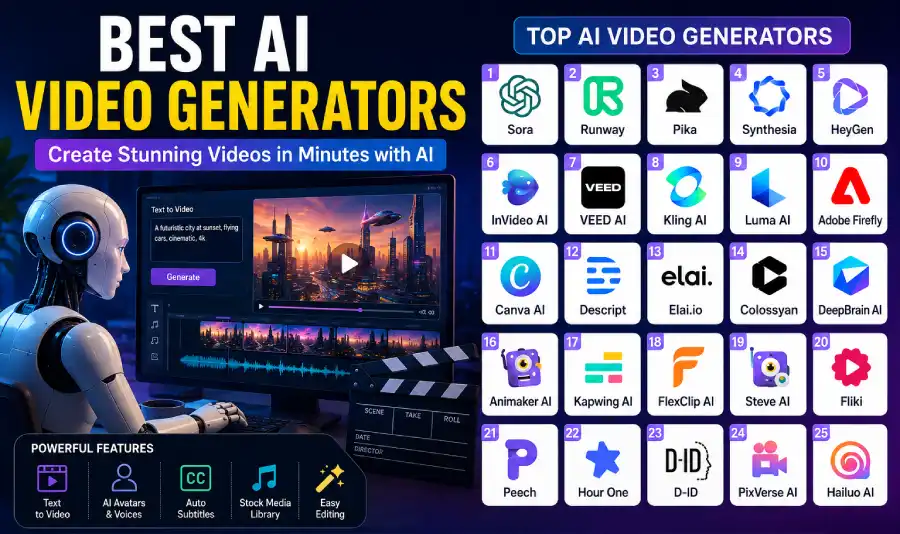 Comprehensive visual comparison of the best AI video generators, showing tools for text-to-video, AI avatars, and video editing