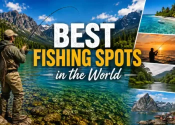 Angler fishing in a beautiful mountain lake representing the best fishing spots in the world
