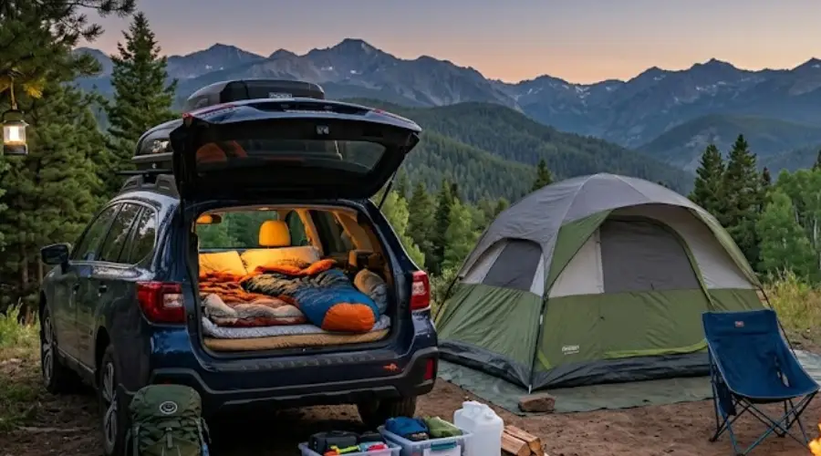 Beginner car camping setup with vehicle, camping gear, and outdoor campsite