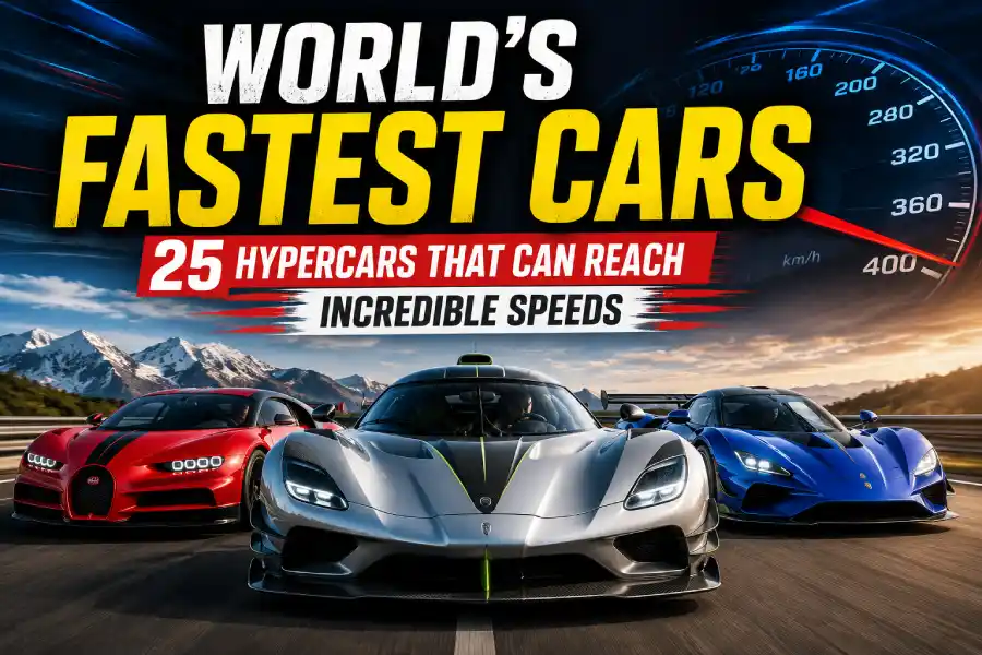 A high-performance automotive scene featuring some of the world's fastest hypercars, representing extreme speed, advanced aerodynamics and cutting-edge automotive engineering