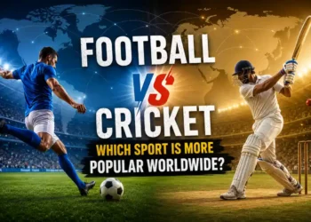 Football vs Cricket comparison featuring a soccer player and a cricketer in stadiums with a world map background, highlighting global popularity, fan base, viewership, and worldwide sports