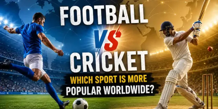 Football vs Cricket comparison featuring a soccer player and a cricketer in stadiums with a world map background, highlighting global popularity, fan base, viewership, and worldwide sports
