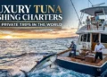 Luxury sportfishing yacht fighting a giant tuna offshore