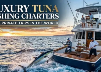 Luxury sportfishing yacht fighting a giant tuna offshore