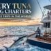 Luxury sportfishing yacht fighting a giant tuna offshore