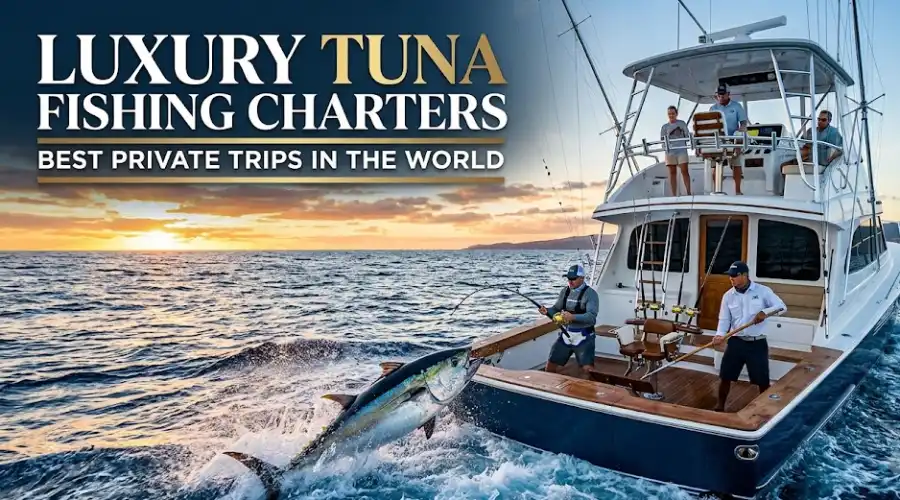 Luxury sportfishing yacht fighting a giant tuna offshore