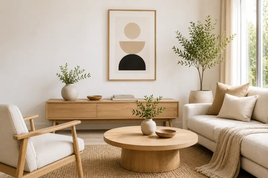 Bright minimalist living room with neutral colors, modern furniture, natural light, wooden accents, indoor plants, and a clean clutter-free interior design.