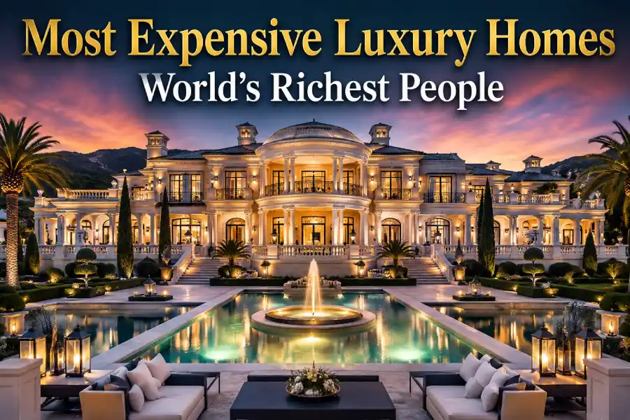 A grand luxury mansion with a swimming pool, fountains, landscaped gardens, and elegant architecture representing the expensive homes of the world's richest people