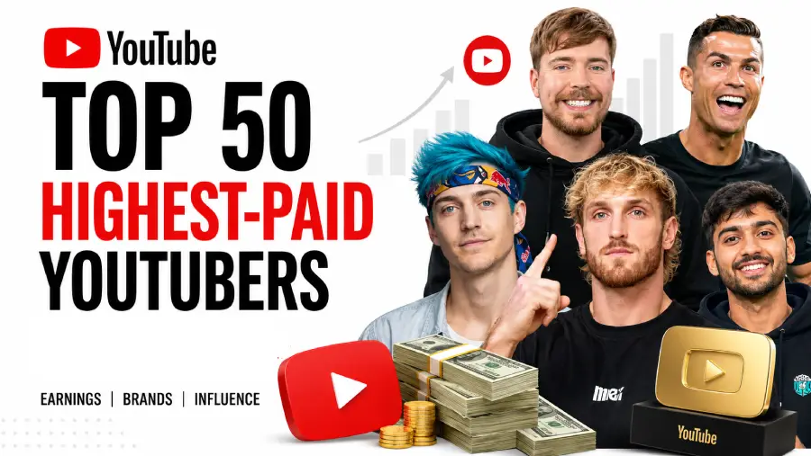 Top 50 Highest-Paid YouTubers in 2026 featuring leading creators ranked by estimated annual earnings, net worth, brand value, and successful business ventures.