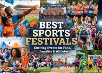 Athletes competing at a vibrant outdoor sports festival in the USA