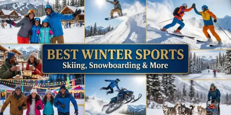 Outdoor guide to the 20 premier winter sports in the United States, covering world-class ski resorts, frozen lakes, backcountry trails, and family snow parks