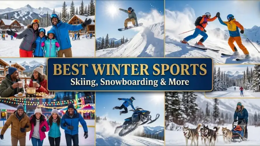 Outdoor guide to the 20 premier winter sports in the United States, covering world-class ski resorts, frozen lakes, backcountry trails, and family snow parks